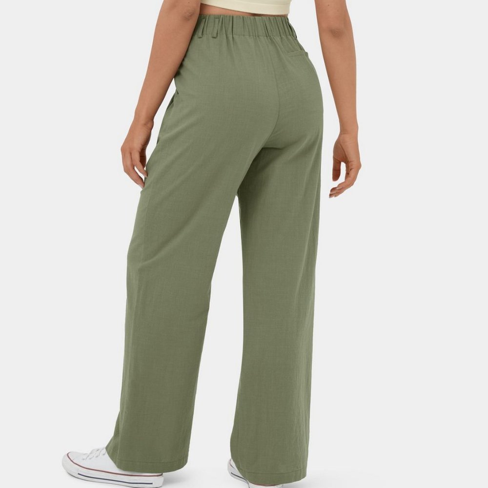 Halara Size XL Olive Lightweight Cotton Pleated Pull On Pants, Pockets - Picture 3 of 14